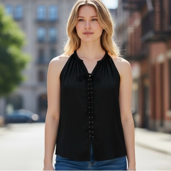 Ramy Brook Tops - Ramy Brook Blouse Womens M Black Halter Front Lace-Up Bow Sleeveless Chiffon